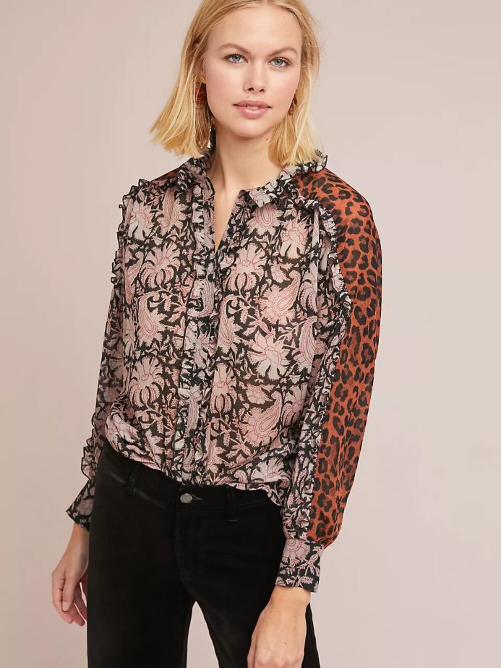 Anthropologie Antik Batik Silk Patchwork Leopard Printed Blouse L